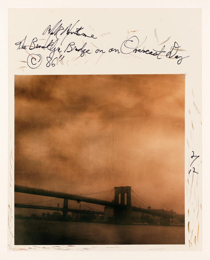 Brooklyn Bridge spans a river under a cloudy, sepia-toned sky with handwritten title above.