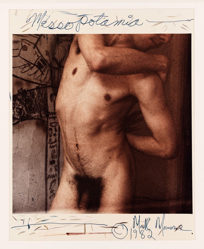 Naked adult male standing with arms raised, torso and pubic area visible in grainy photograph.