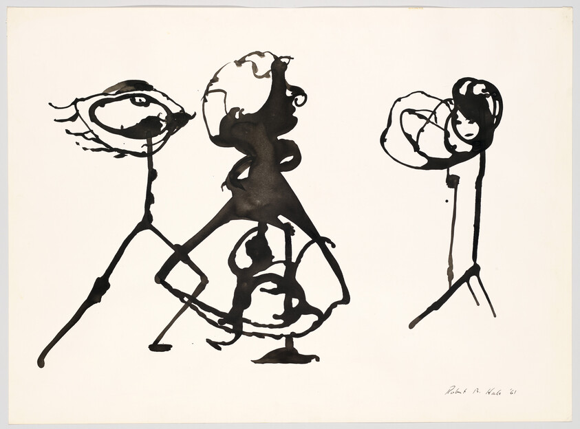 Three tall, thin ink figures with round, swirling heads stand against a white background.
