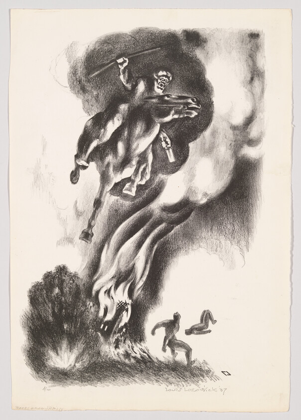 A menacing rider on a rearing horse rises from smoke above a burning house while people flee.