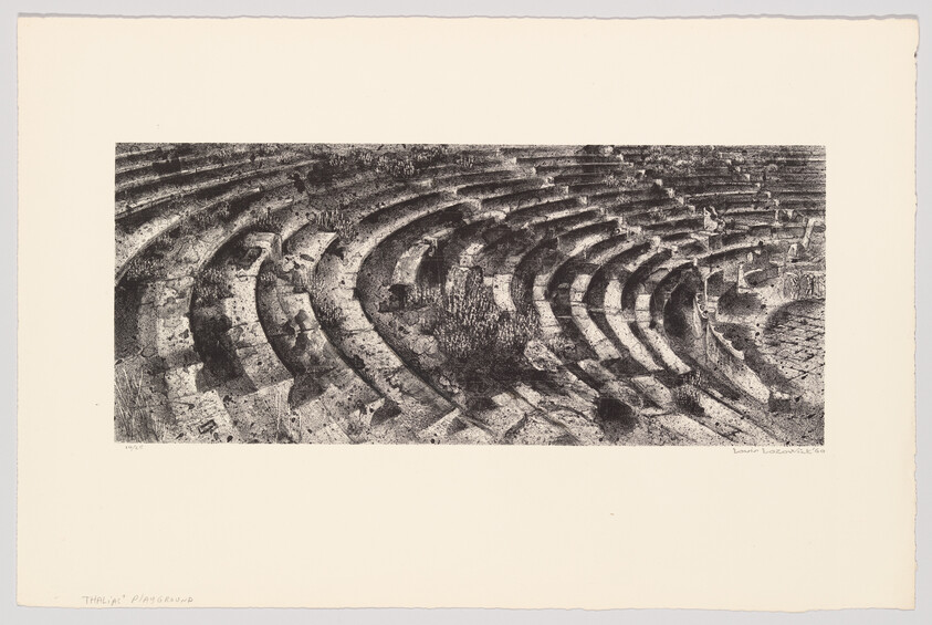 Curved weathered stone amphitheater seating forms concentric rows with shadows and rough textures.