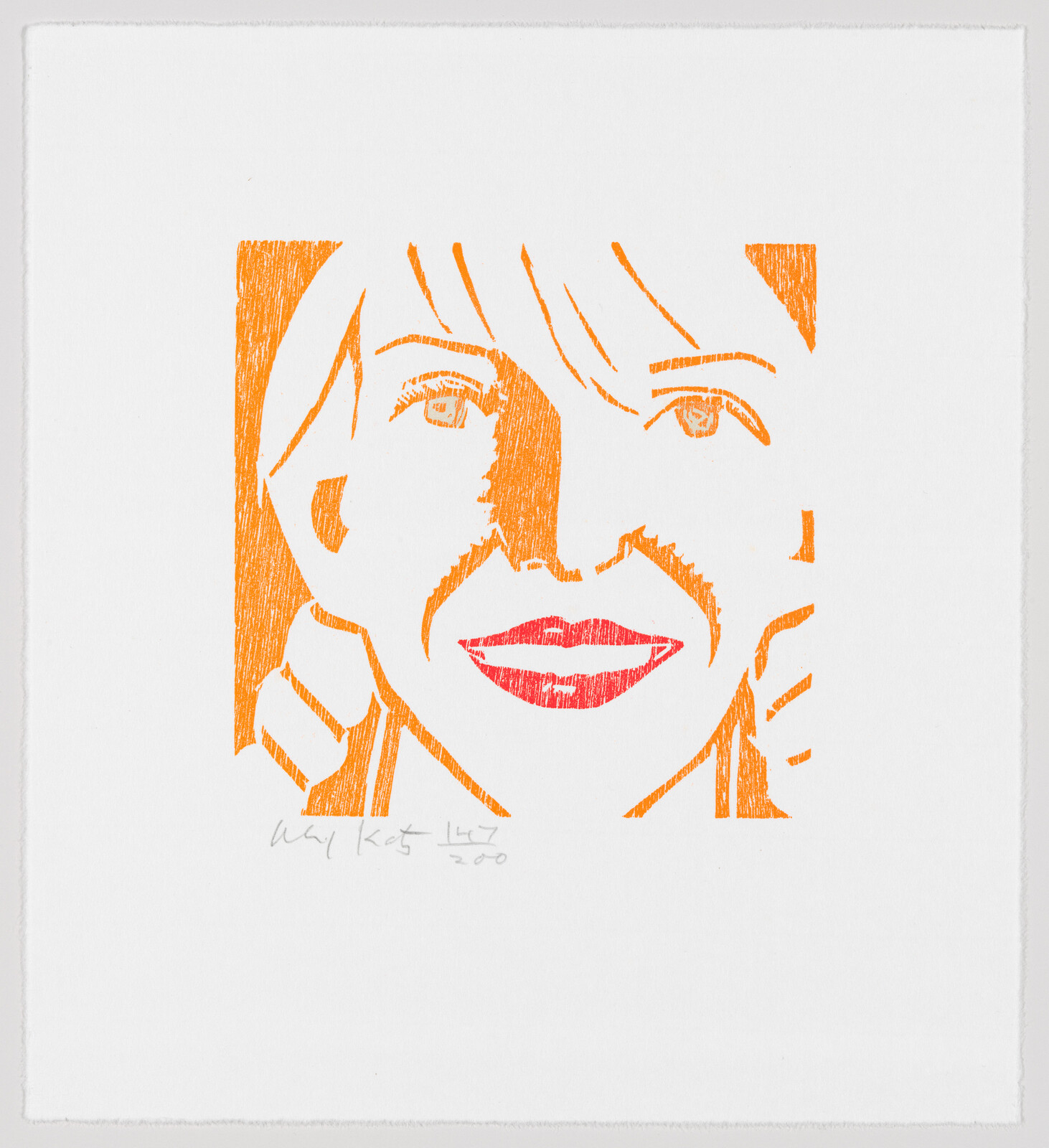 Stylized orange and red portrait of a smiling woman with bold red lips.