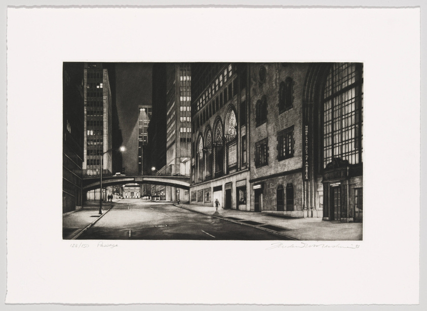 A black and white etching depicting an urban street scene at night with tall buildings, a pedestrian bridge connecting two structures, and a lone figure walking on the sidewalk. The artwork is numbered and signed by the artist in the lower margin.