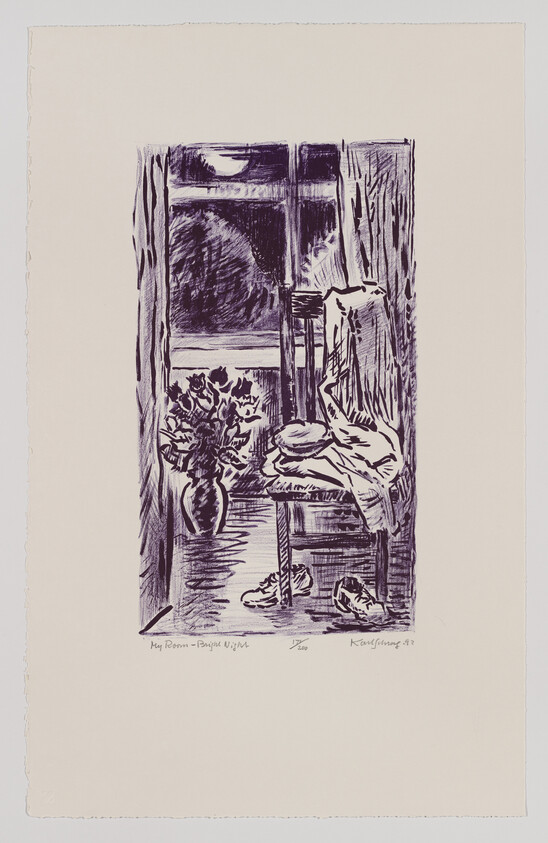 A chair with clothes draped, shoes on the floor, and a vase of flowers by a moonlit window.