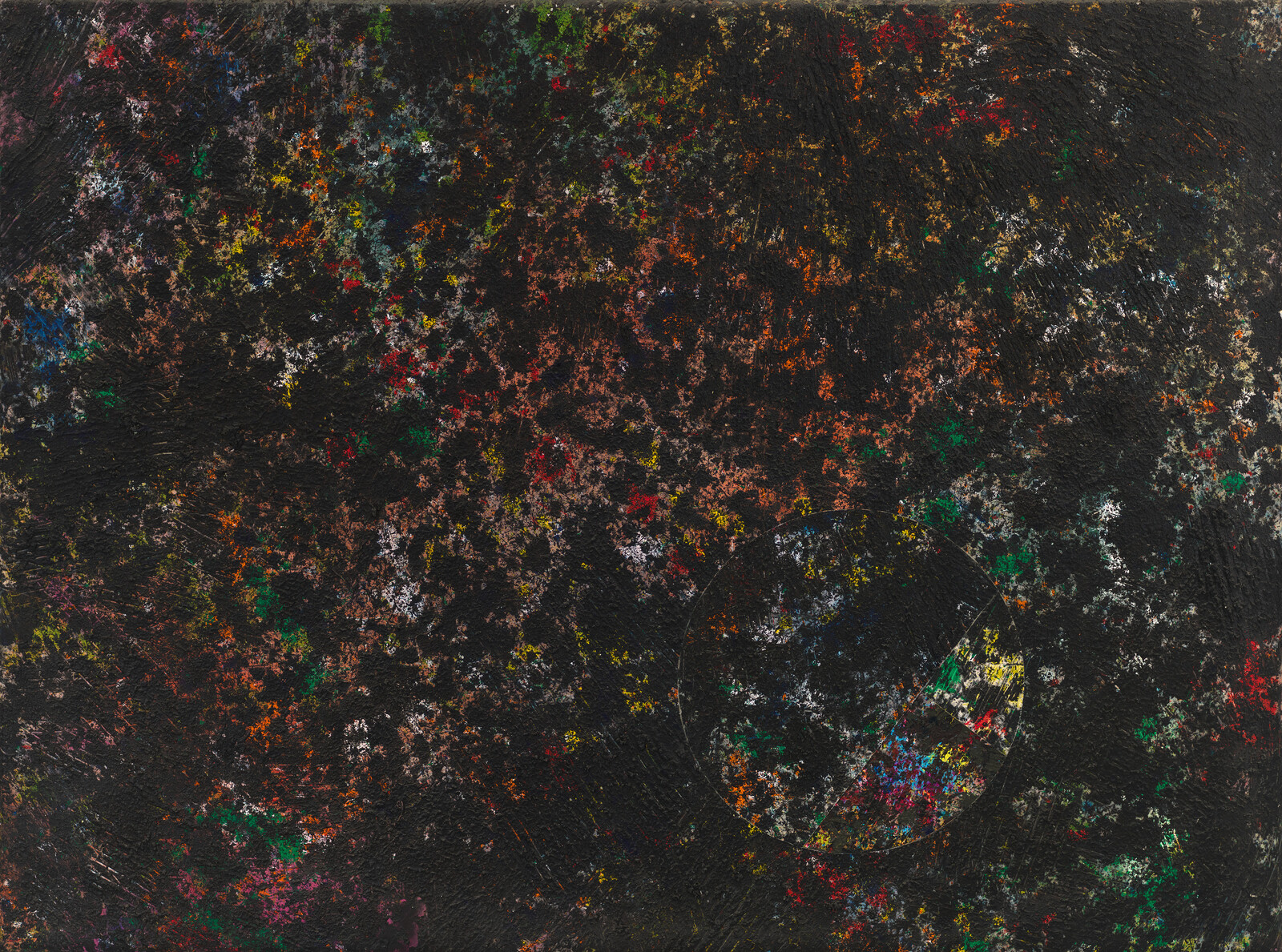 Dark textured canvas with scattered bright specks of color and a faint circular patch near the lower right.