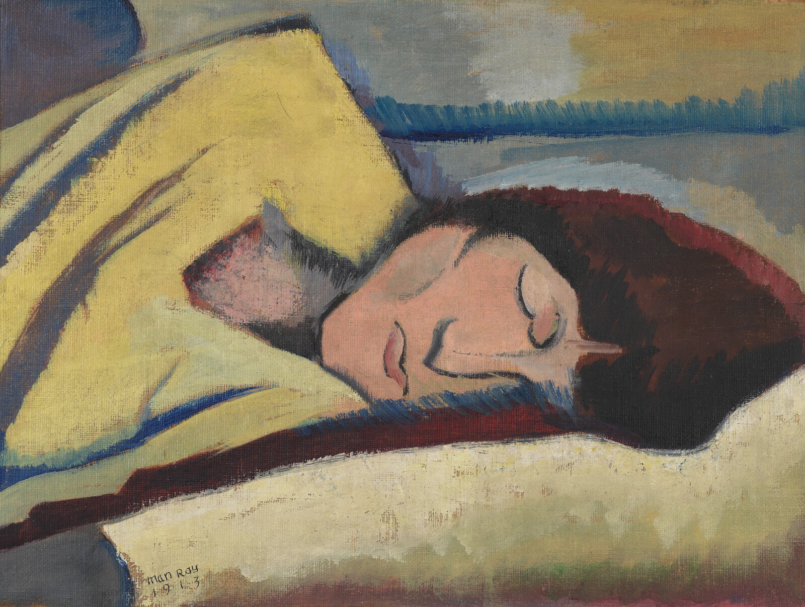 A person with dark hair sleeps peacefully on a pillow wrapped in a yellow blanket.