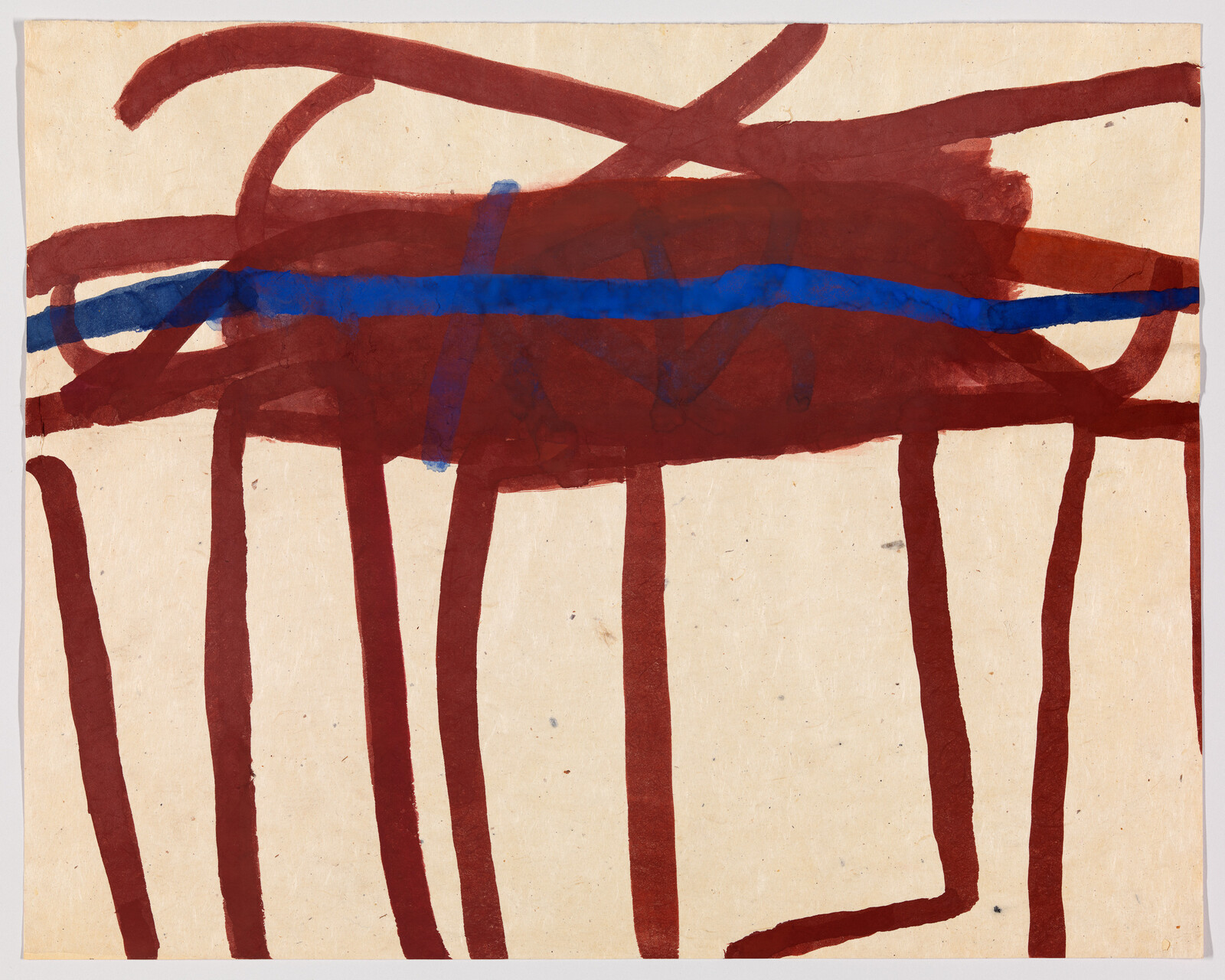 Cream background with thick brown vertical and horizontal brushstrokes crossed by a bright blue line.