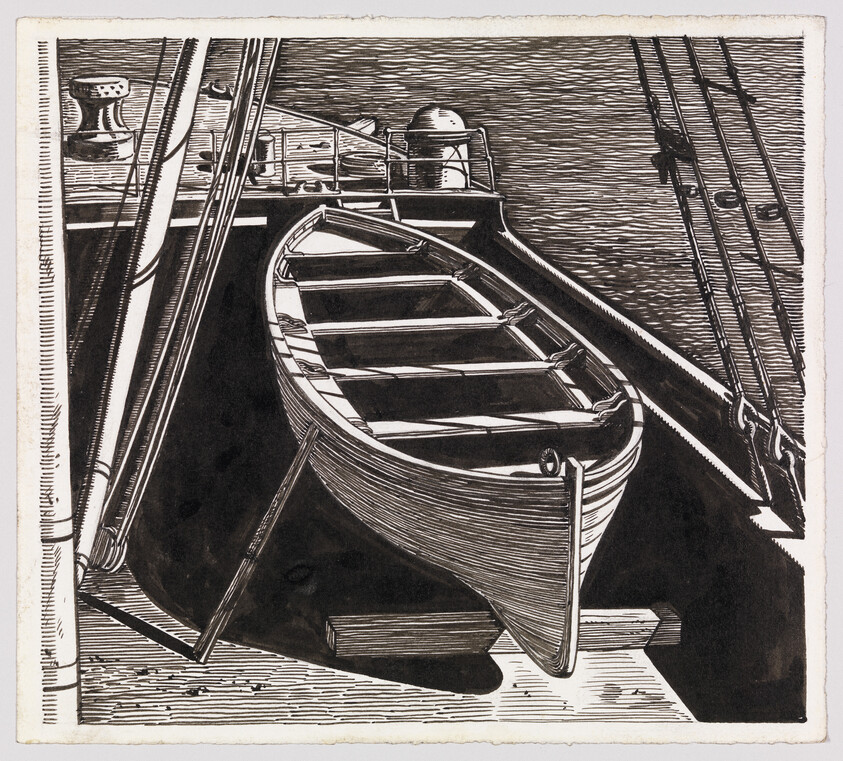 A wooden lifeboat rests on the deck of a larger ship beside rigging and water.