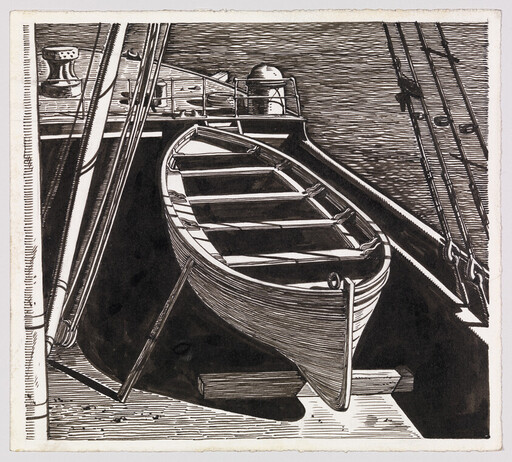 A wooden lifeboat rests on the deck of a larger ship beside rigging and water.