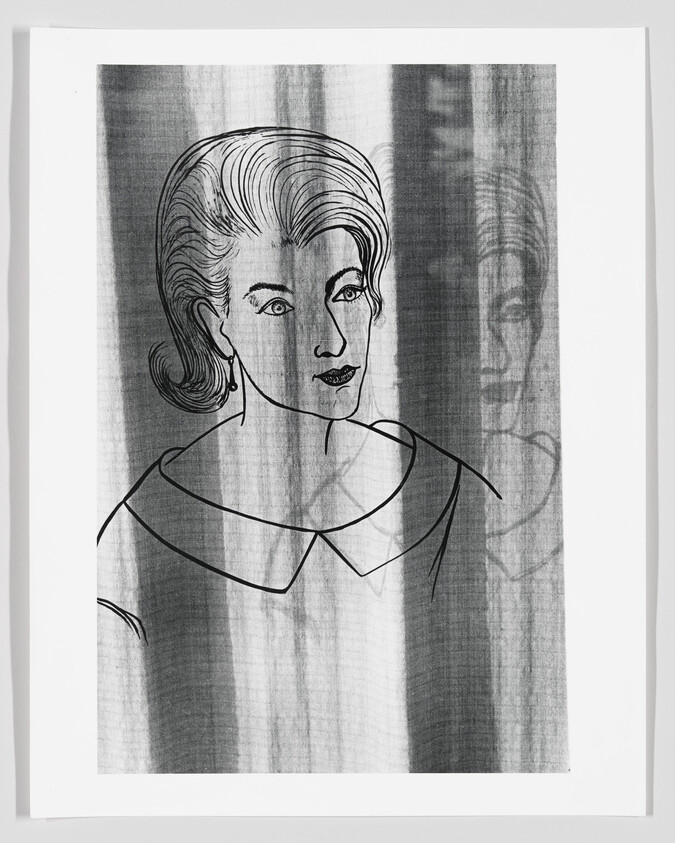 A stylized portrait of a woman with vertical gray stripes and a faint reflected profile.