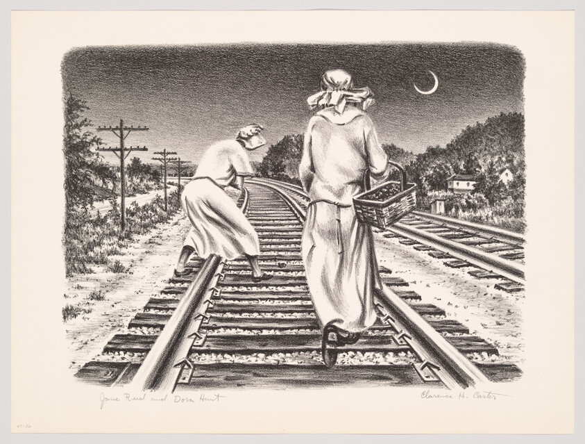 Two women walk carefully along railroad tracks at night, one carrying a basket under a crescent moon.