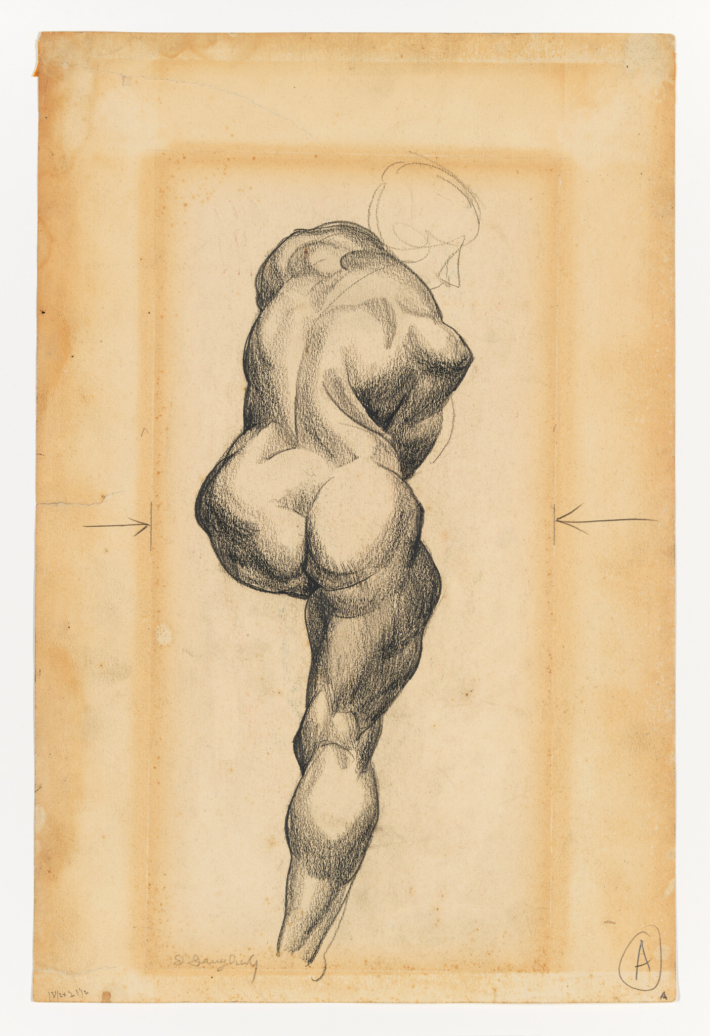 Muscular male nude figure turned away, emphasizing back, buttocks, and leg anatomy.