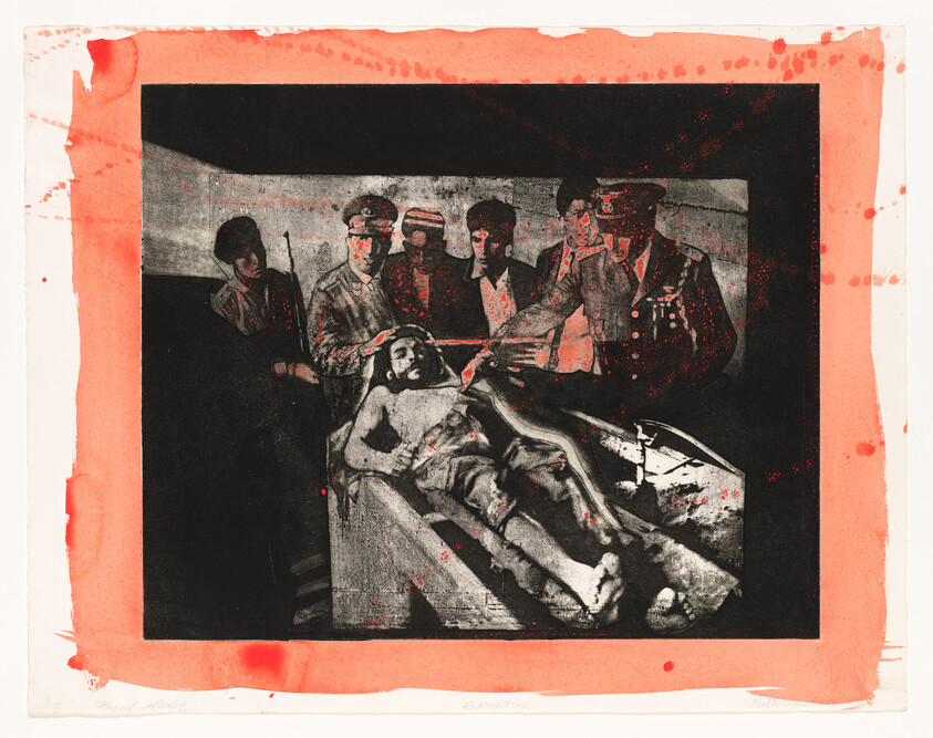 A group of men examines a dead body laid on a table.