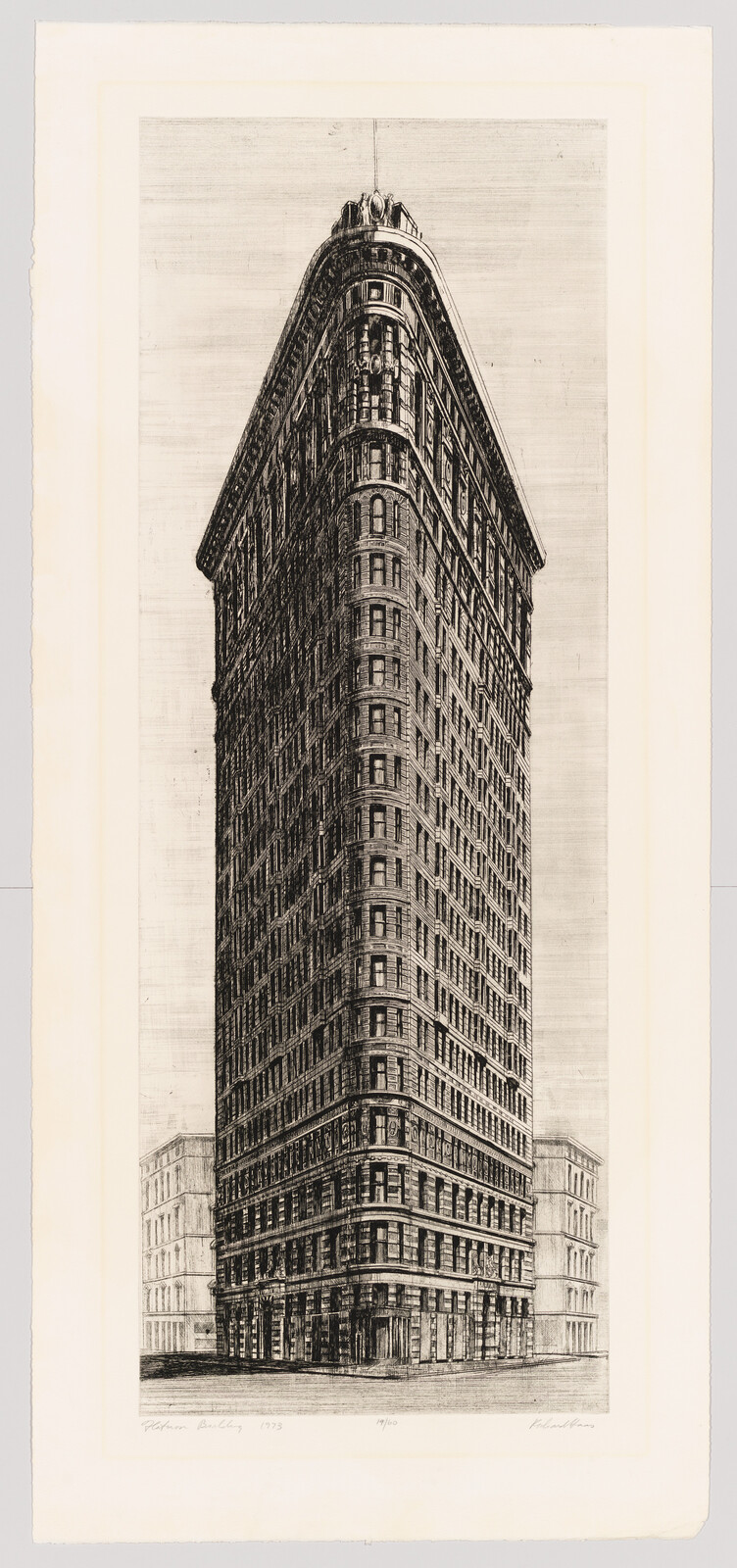 A black and white etching of the Flatiron Building, a triangular skyscraper in New York City, viewed from street level emphasizing its iconic wedge shape. The artwork is signed and dated by the artist at the bottom.