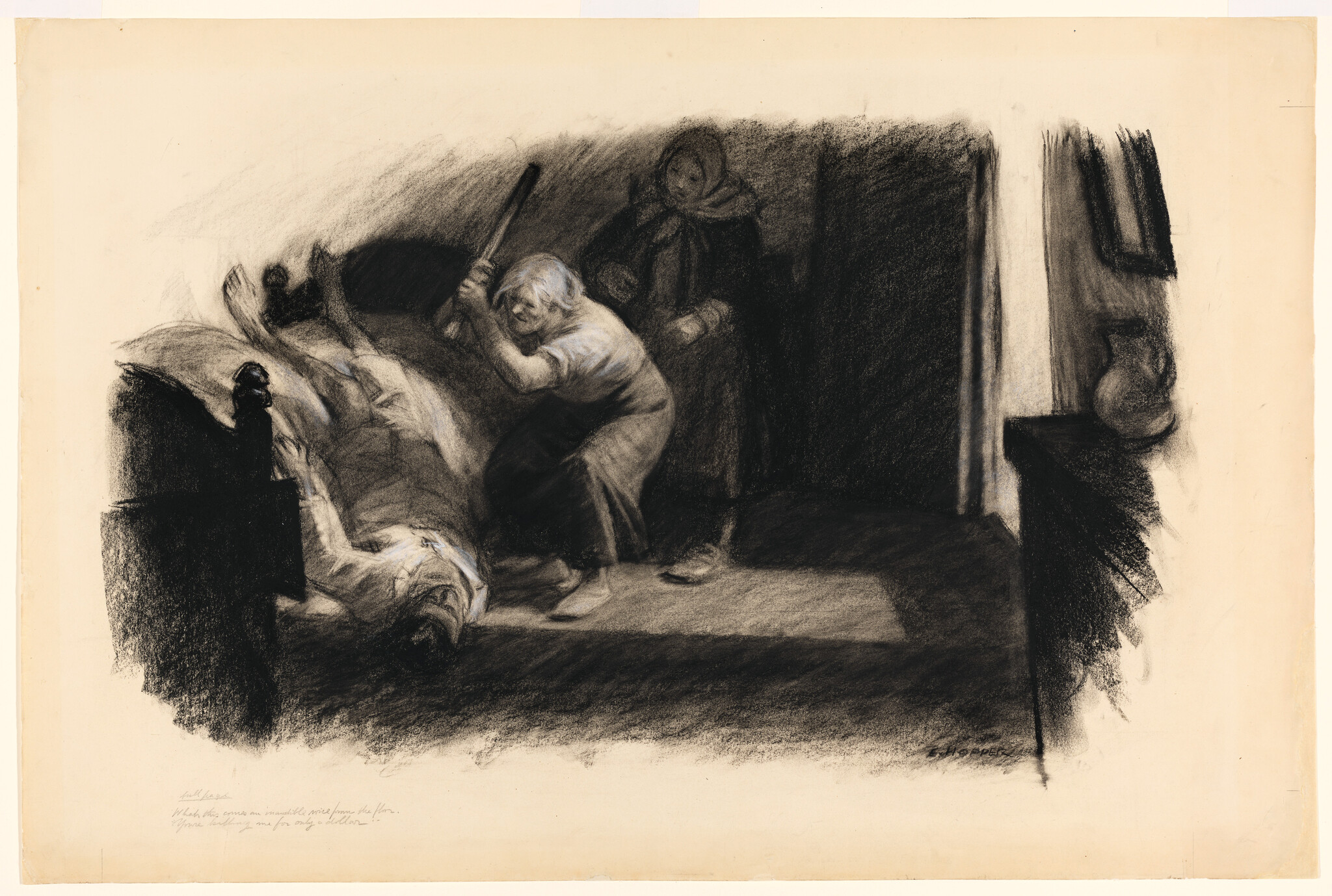 An older woman raises a stick to strike a person who has fallen from a bed while another watches.