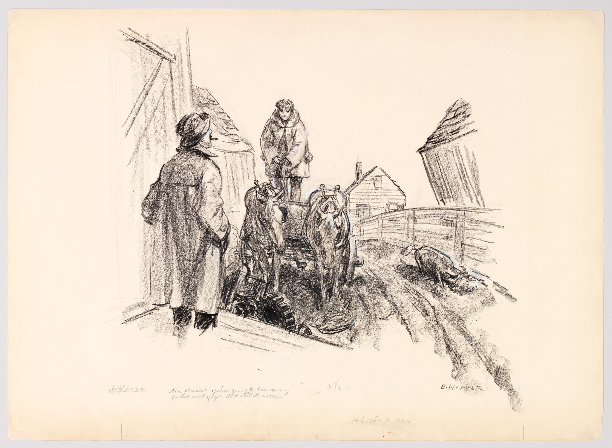 A man on a horse-drawn cart talks with another man on a muddy farm road.