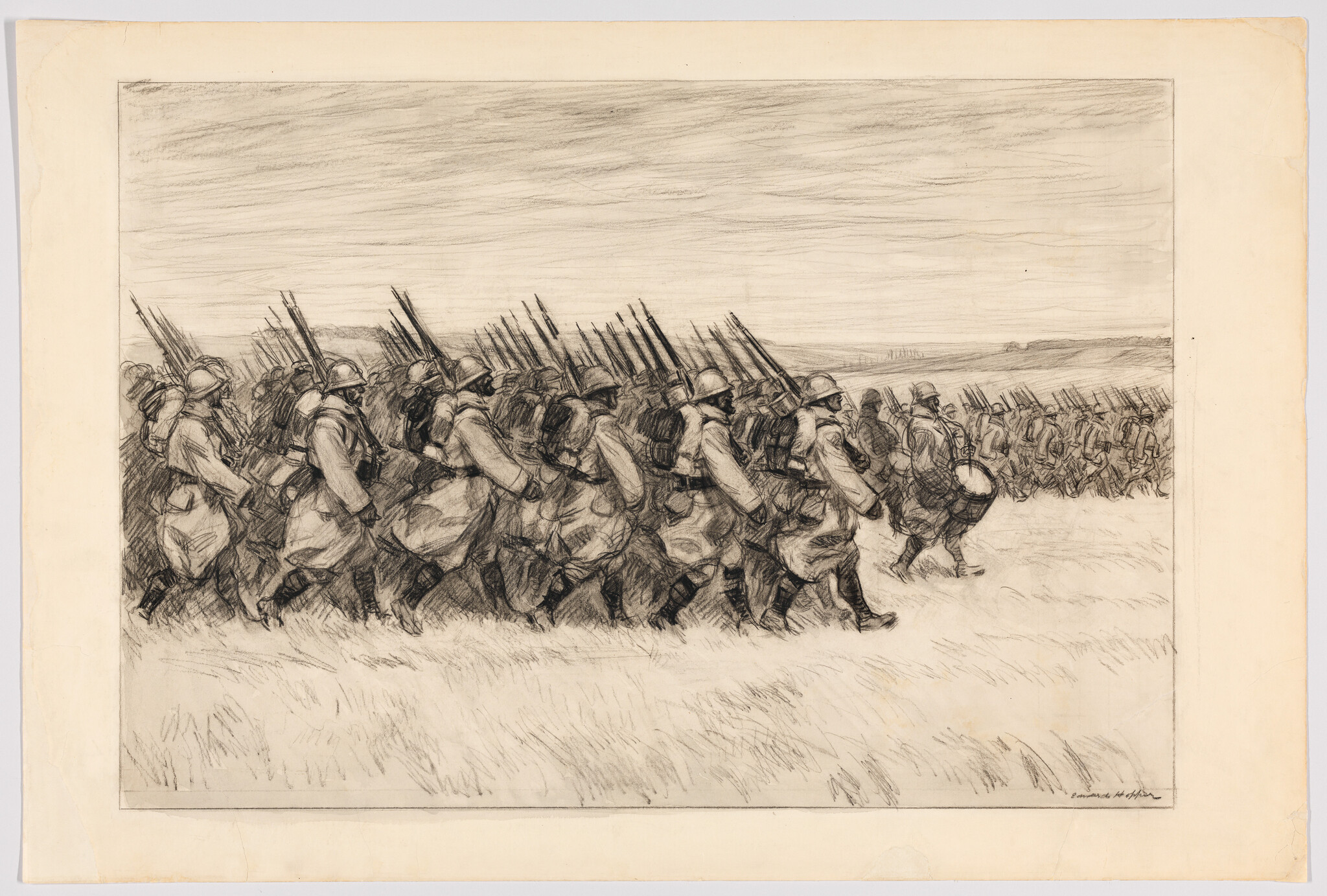 A long column of soldiers marches across a field carrying rifles while a drummer leads.