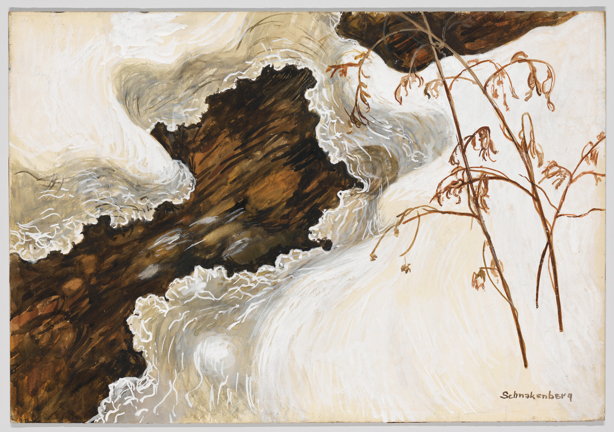 Dark rocky shoreline with foamy waves breaking and dried plant stems on the right.