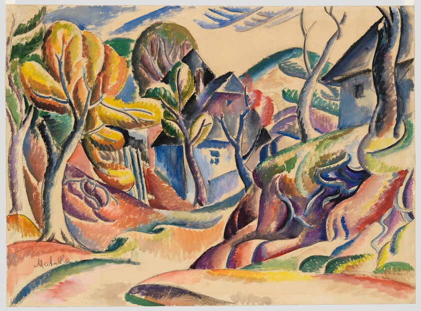 Colorful stylized village scene with trees, winding path, and houses among rolling hills.