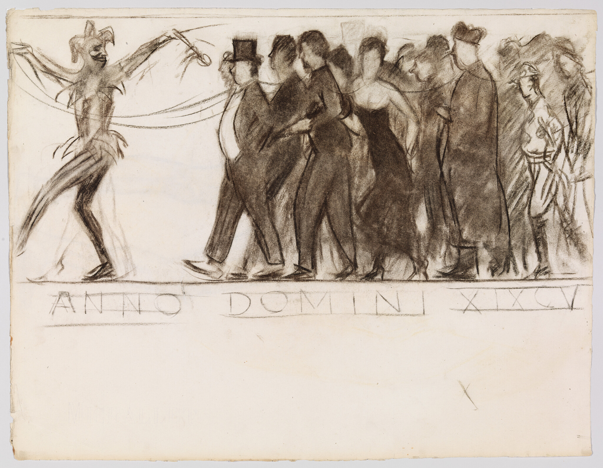 A jester leads a procession of formally dressed men and women across a stage.