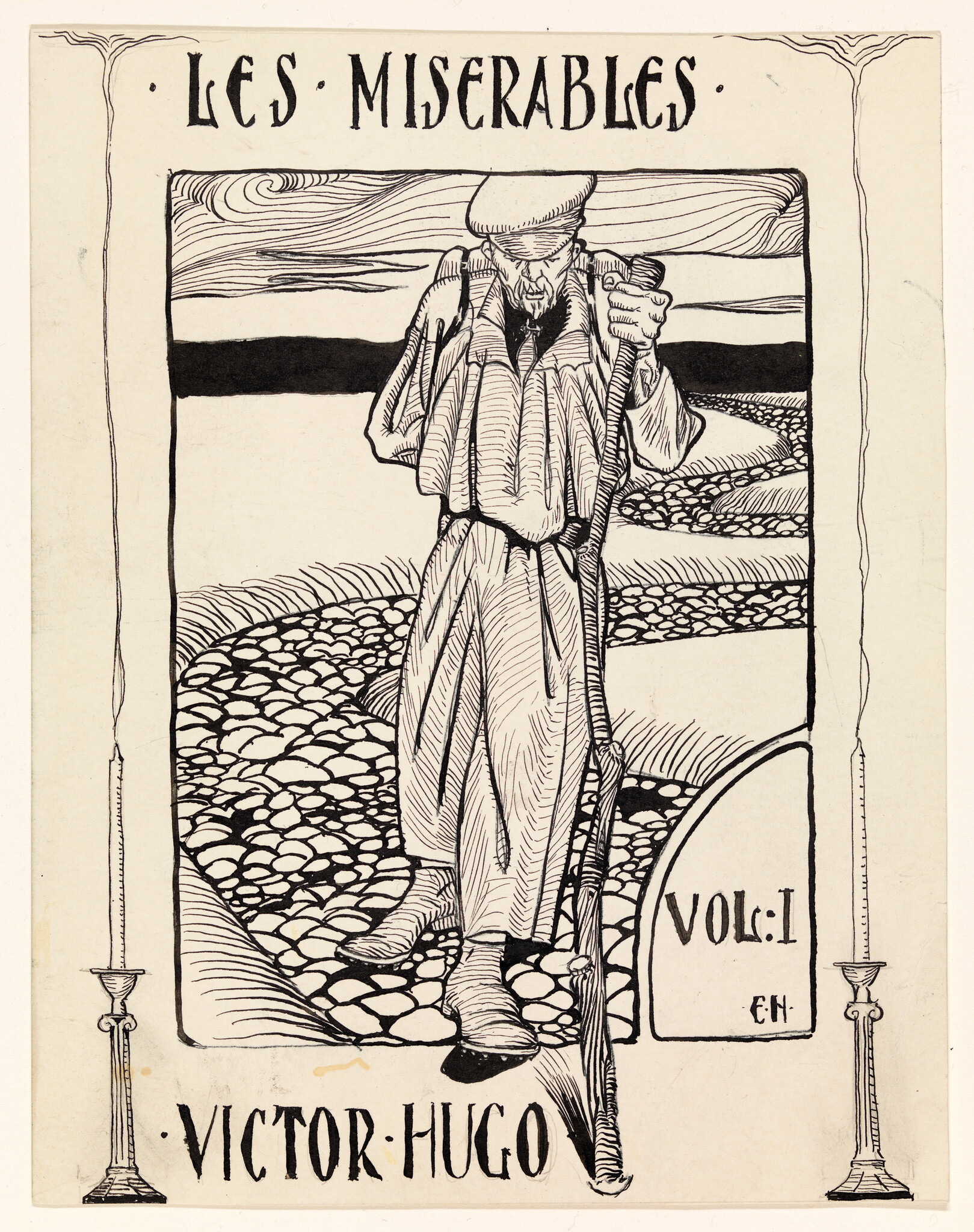 An elderly man with a cane walks along a stony path beneath the title "Les Misérables."
