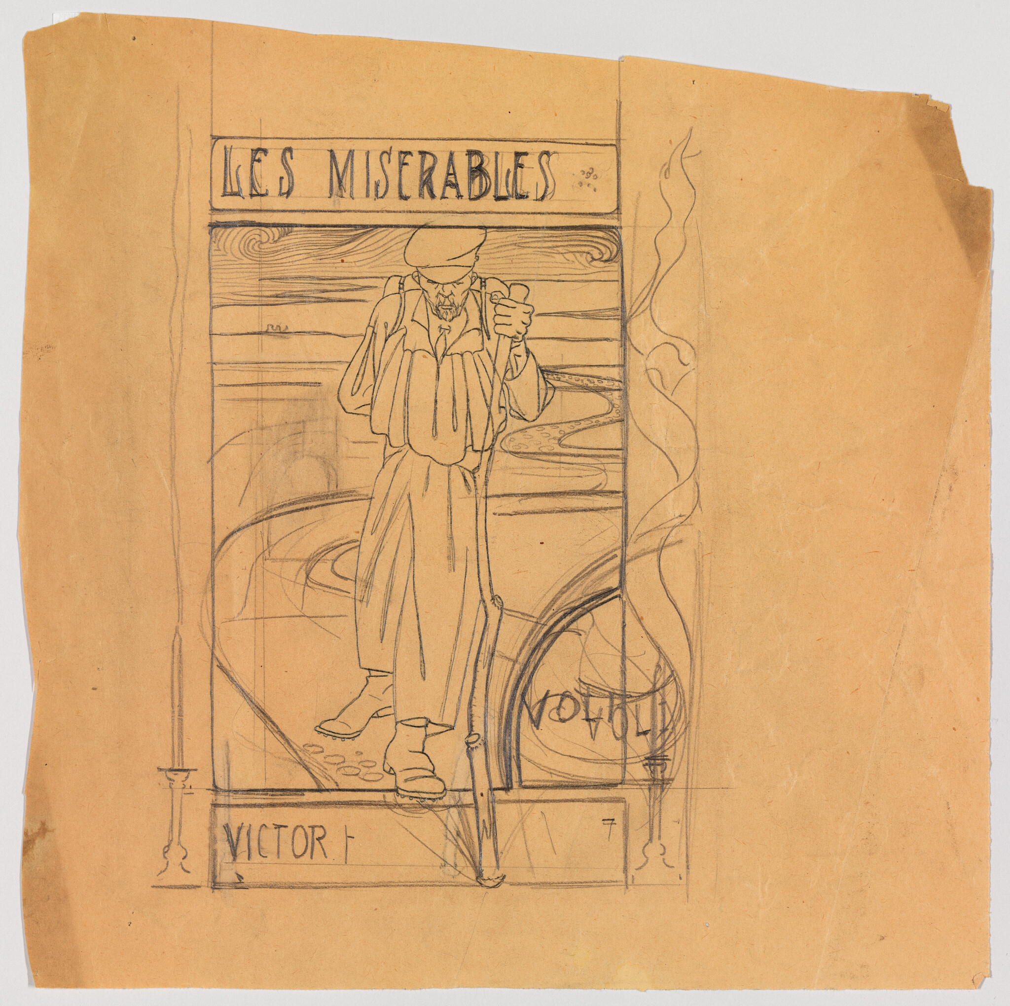 A sketch of a weary man walking with a cane beneath the title "Les Misérables."