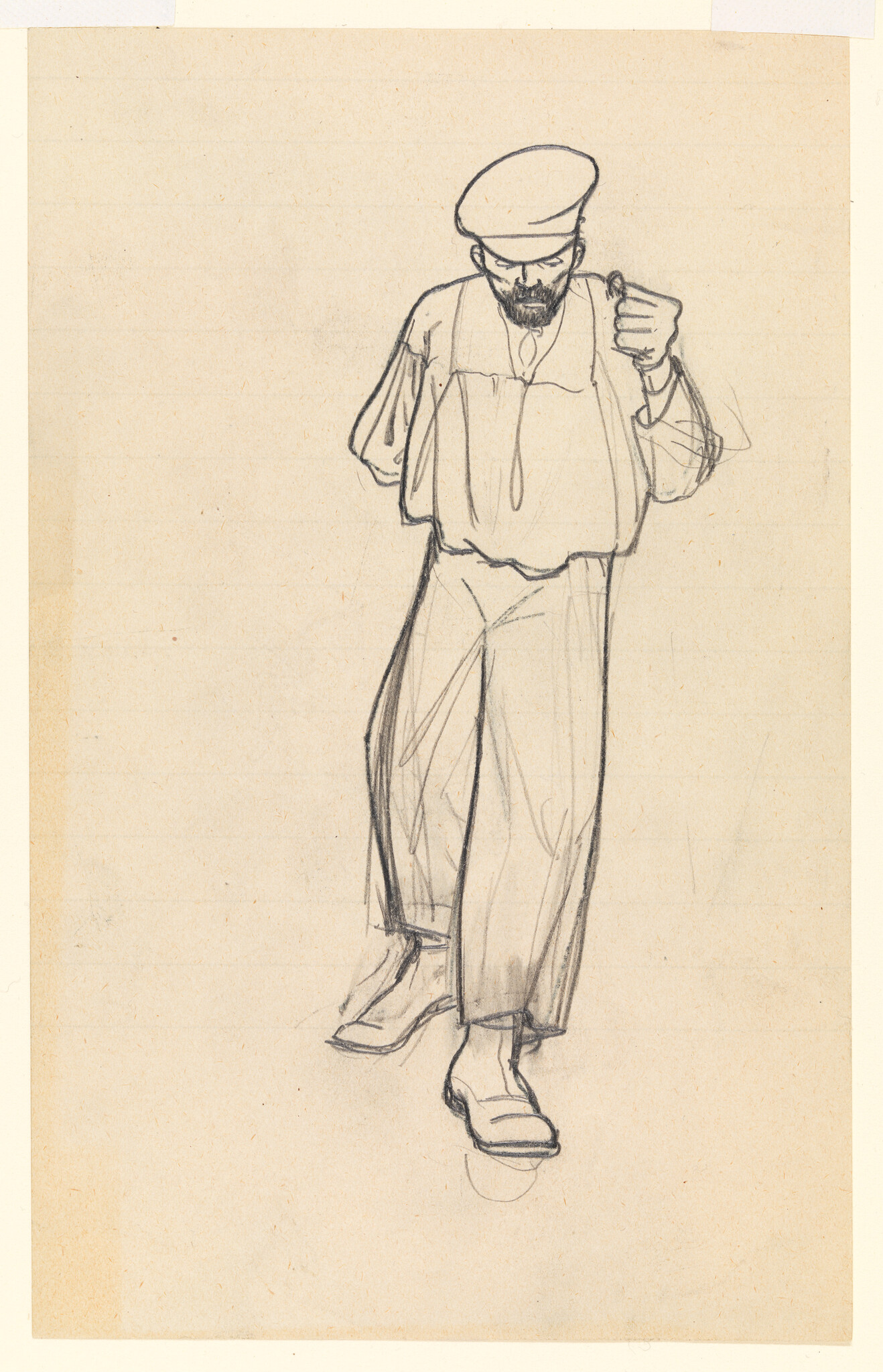 A bearded man in a cap walks forward with one hand raised and head bowed.