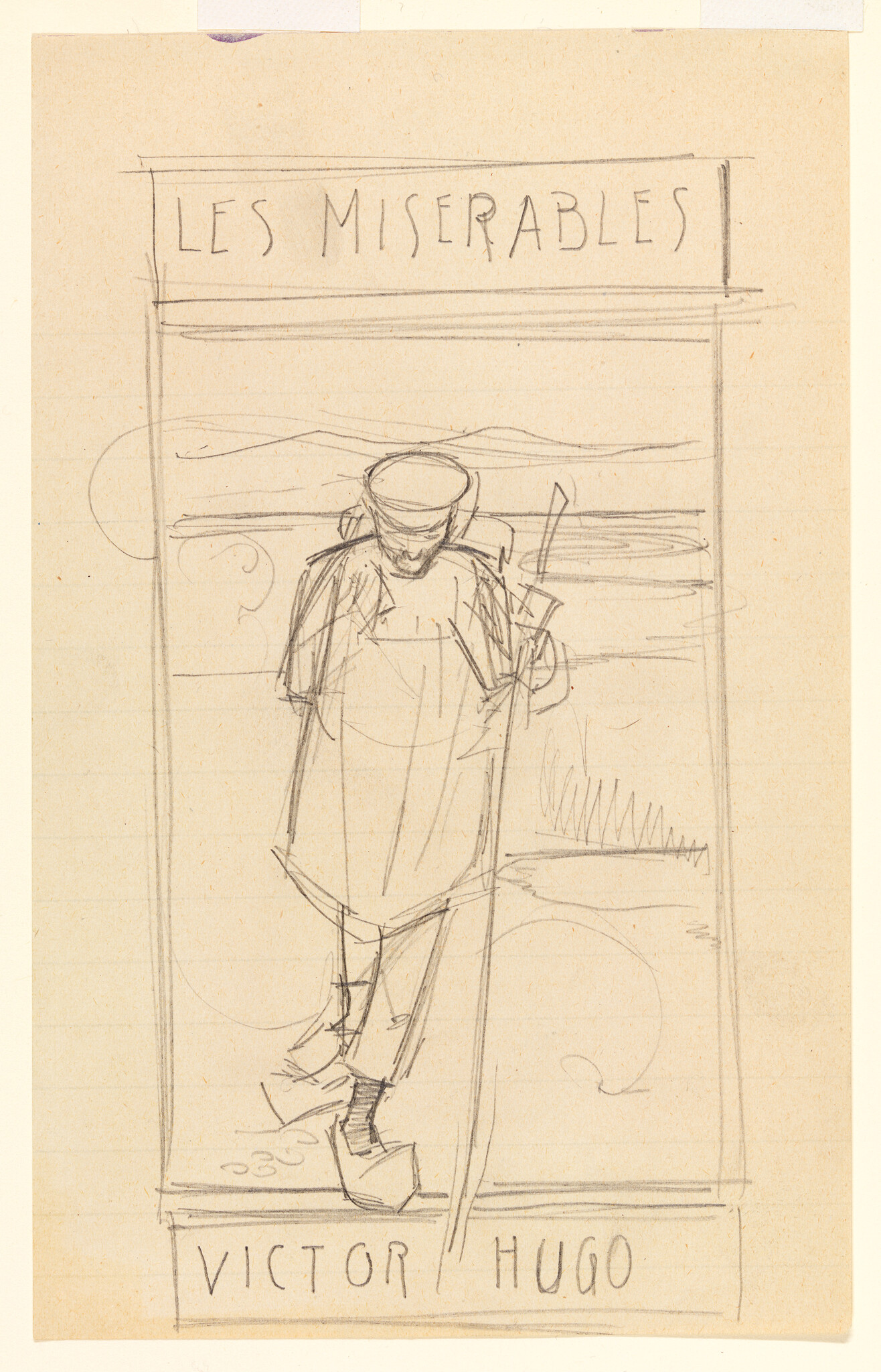A pencil sketch of a hunched man with a cane beneath the title Les Misérables.
