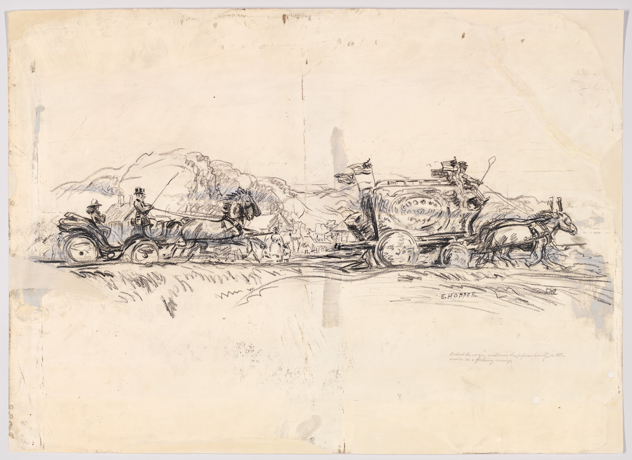 Two horse-drawn carriages pass on a country road with drivers guiding the teams.