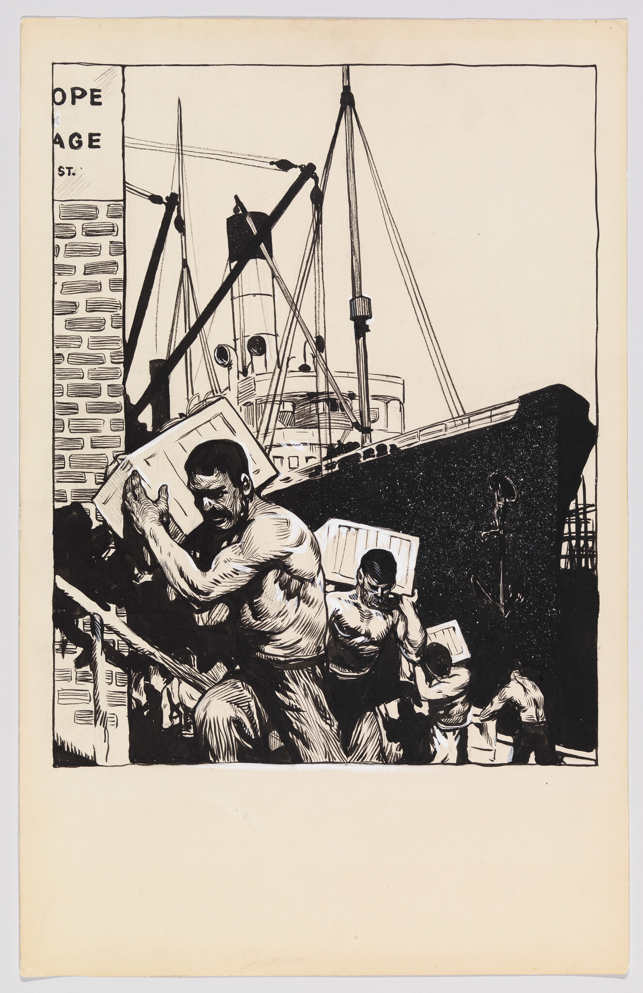 Shirtless dockworkers carry heavy crates up a gangway toward a large moored ship.