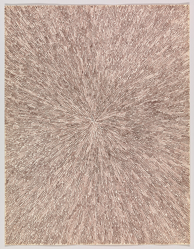 Dense brown dashes radiate outward from a central point across a beige rectangular surface.