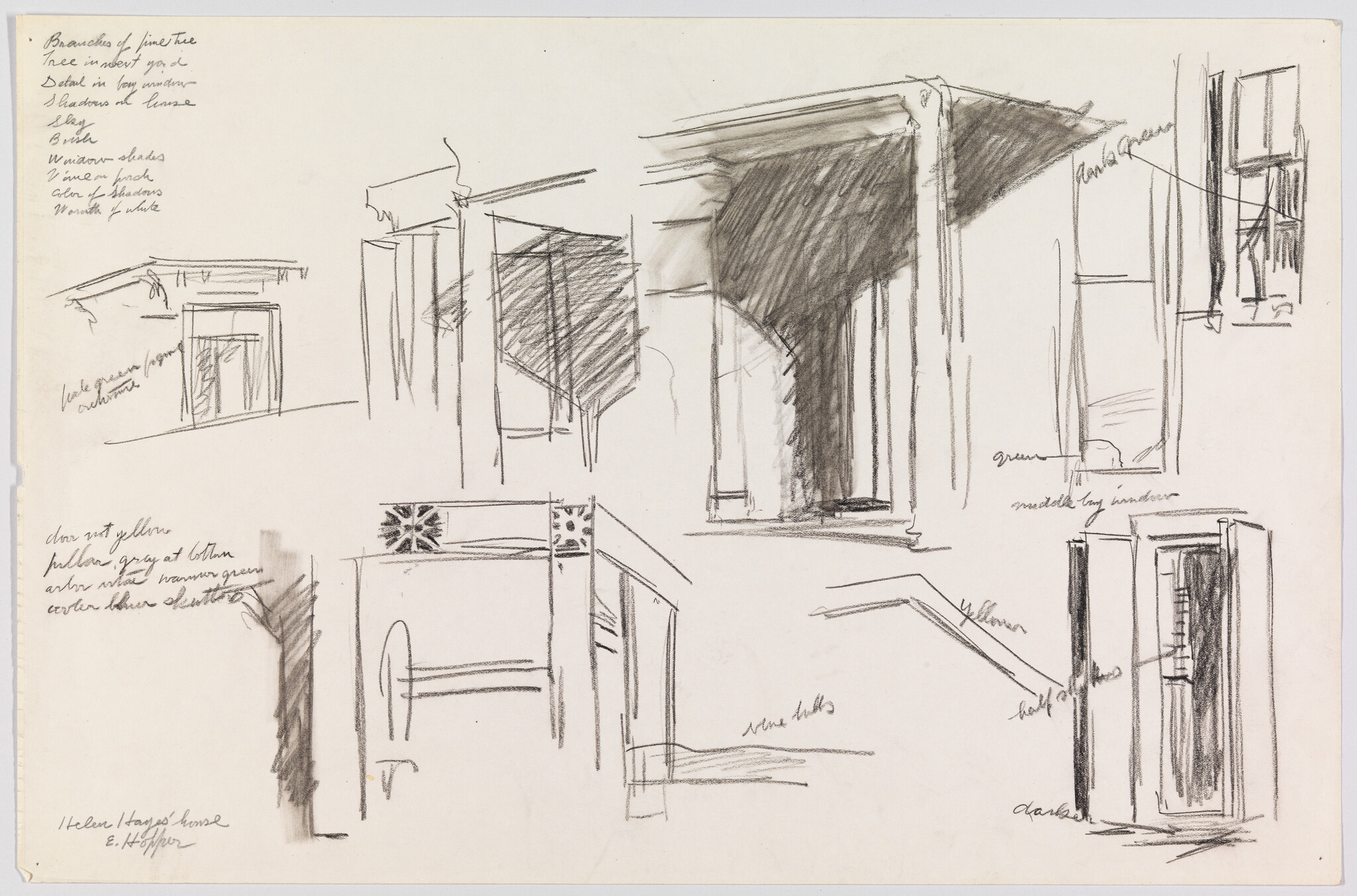 A sketch sheet with various architectural drawings and notes. The drawings depict parts of buildings, including columns, windows, and arches, with shading to indicate light and depth. Handwritten annotations suggest considerations for color and light, such as "warm green" and "cast shadows." The sketches are rough and appear to be conceptual in nature.