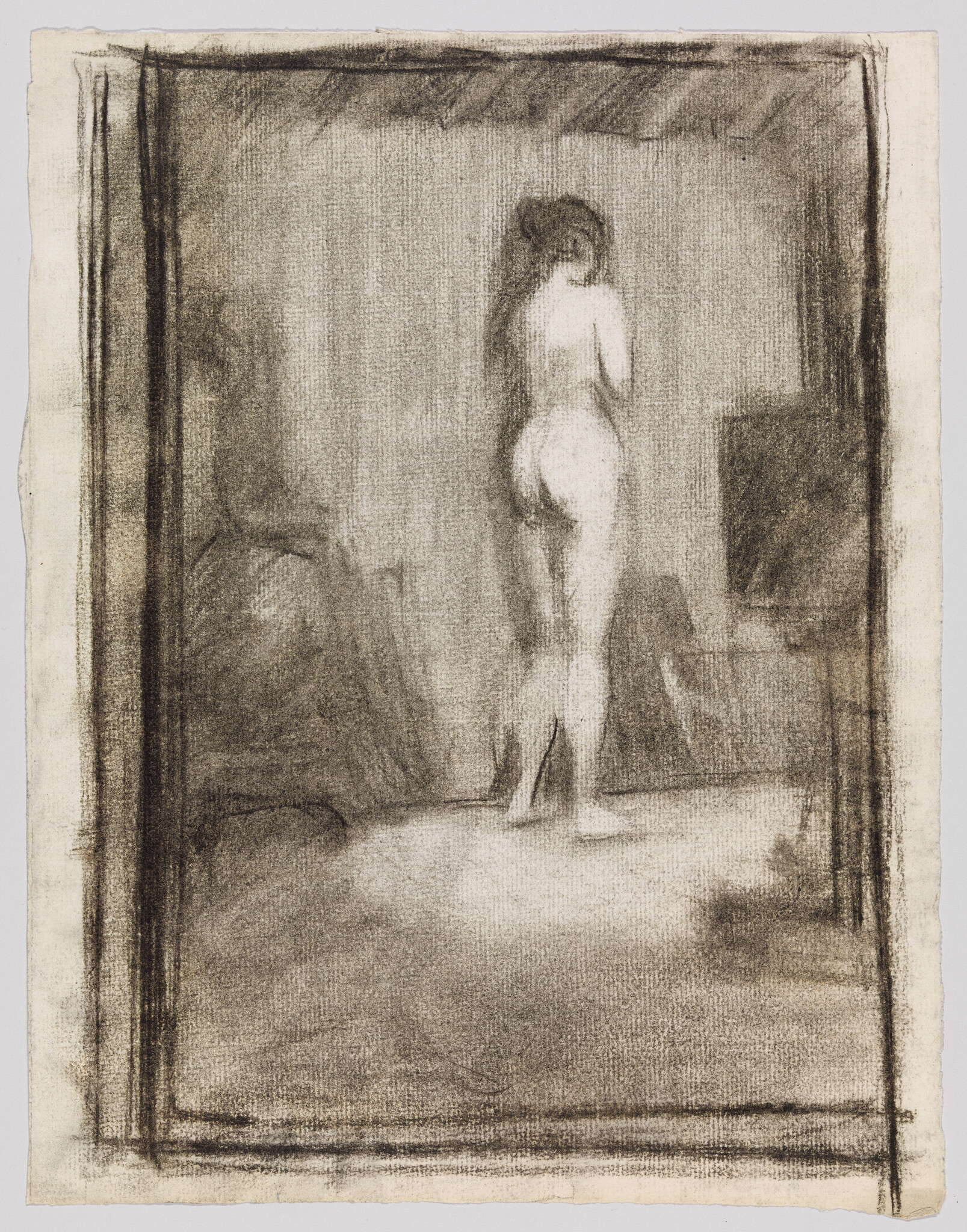 Charcoal sketch of a standing nude woman seen from the back in a dim room.
