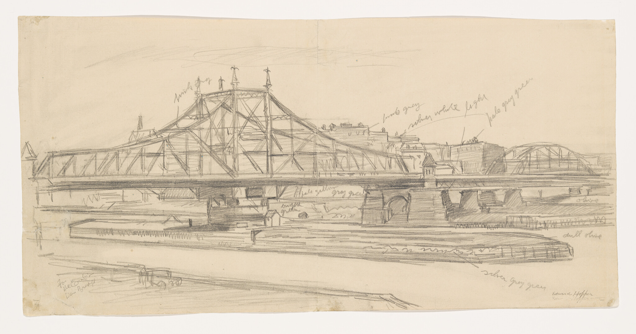 A pencil sketch of a large steel truss bridge spanning a calm river with shore details.