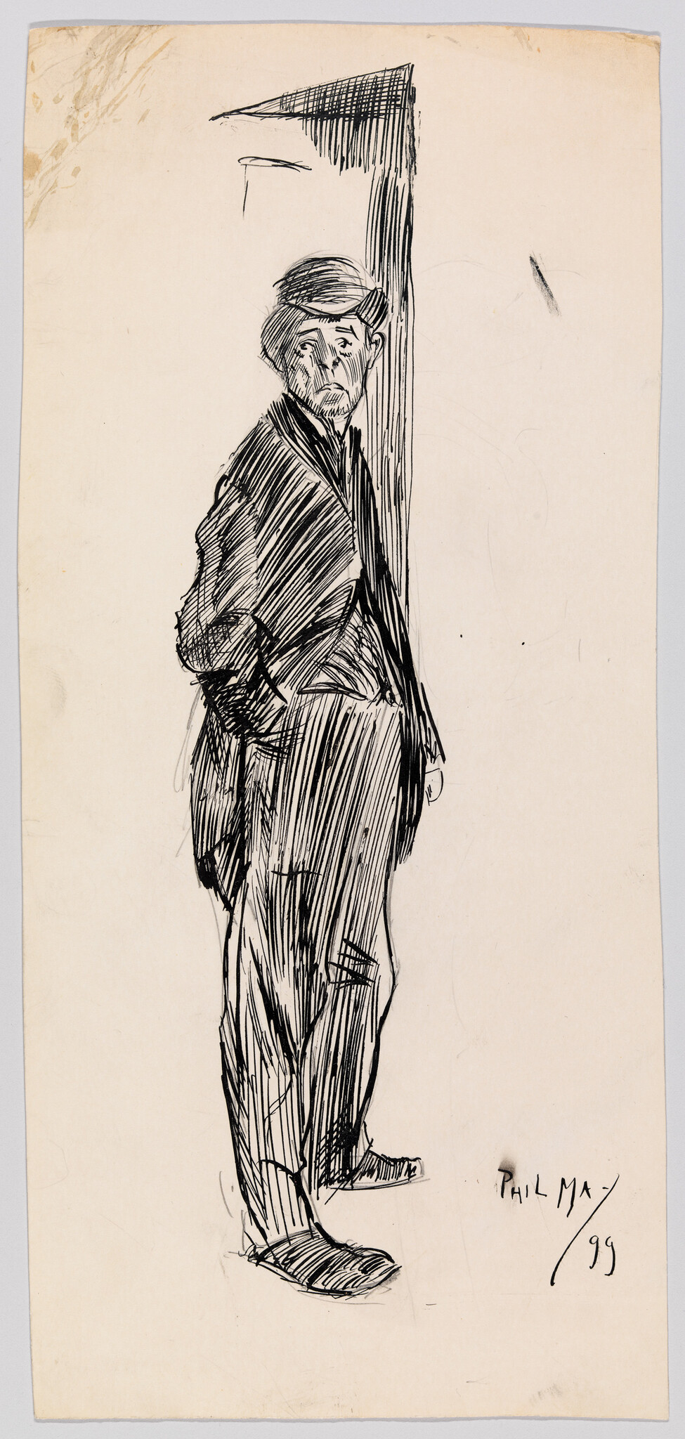 A sketch of a man in a hat standing with hands in pockets, leaning against a wall.