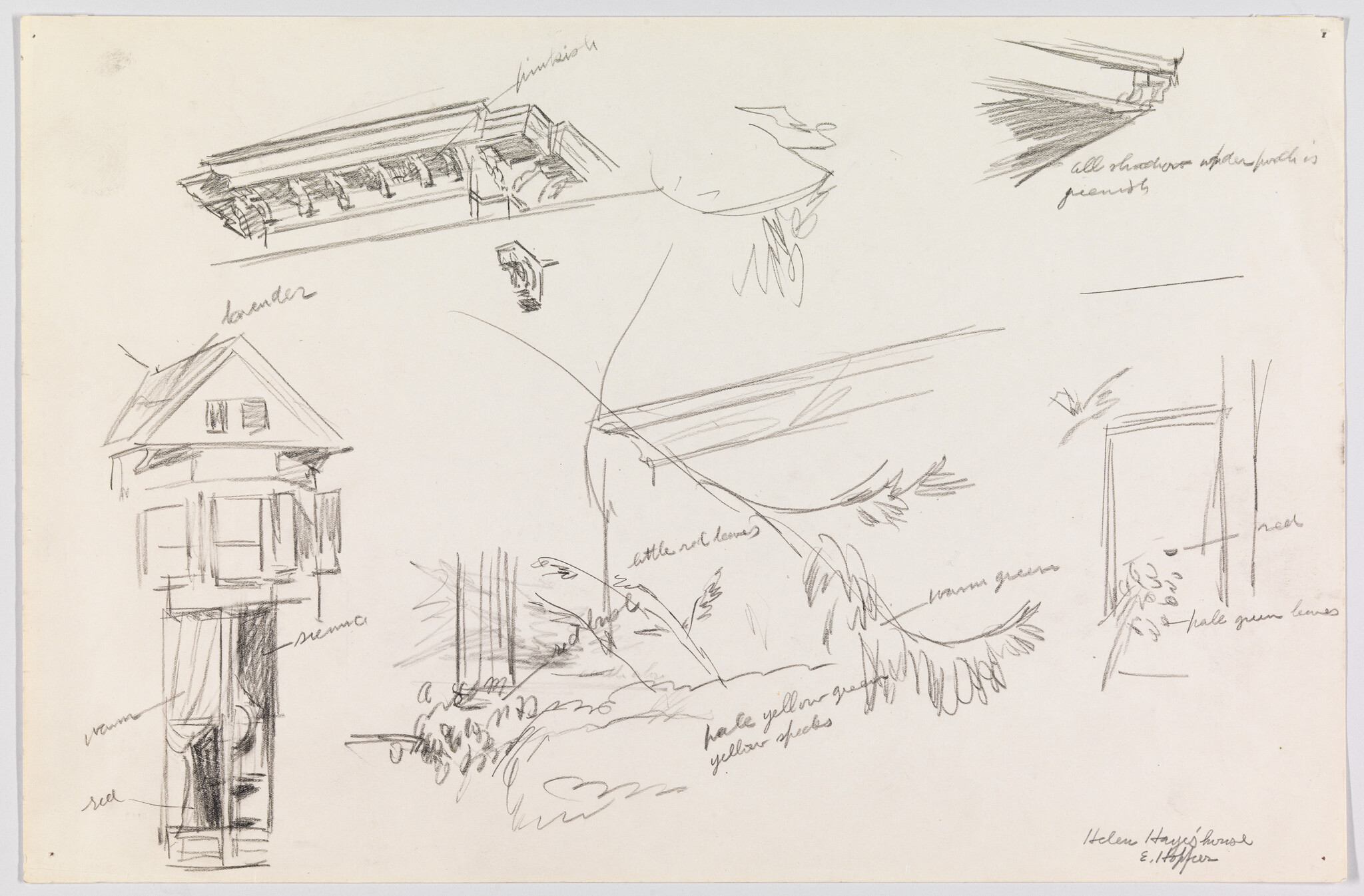 A sketch page with various pencil drawings, including a detailed sketch of a house labeled "barn," a rough outline of a bird in flight, and several landscape elements with annotations such as "little red leaves" and "little yellow-green bushes." There are also notes on the side, one of which reads "all shadows stippled in greens." The artist's signature is in the bottom right corner.