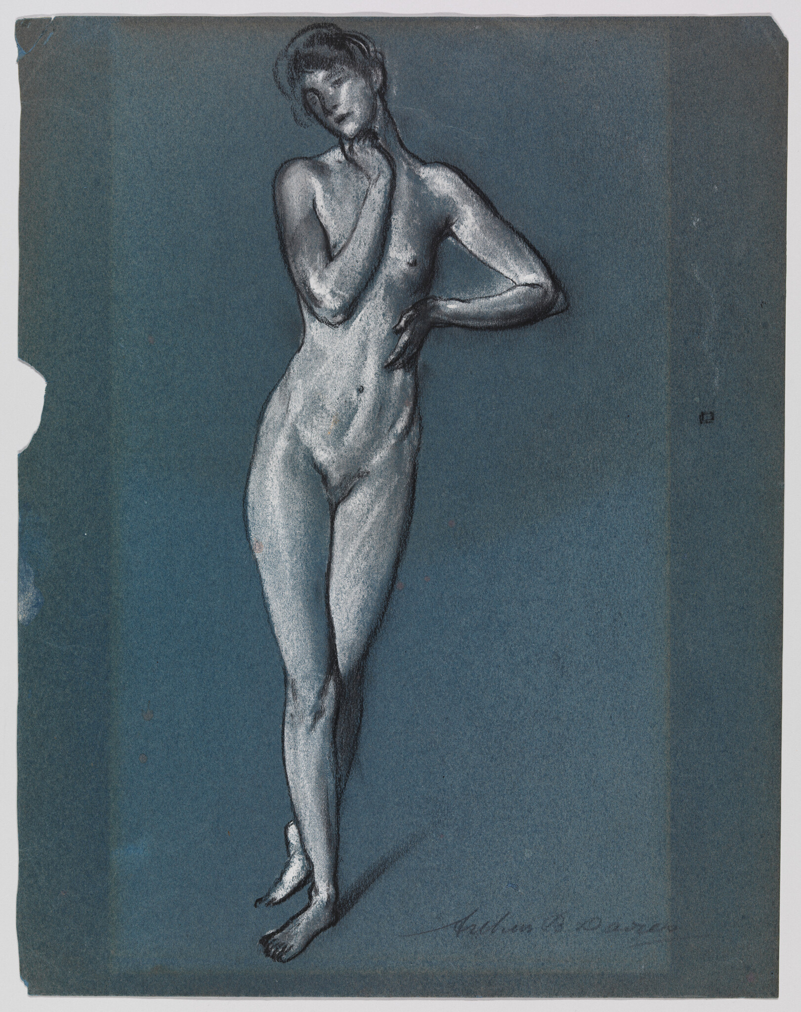 A standing nude figure with one hand on the chin and the other on the hip.
