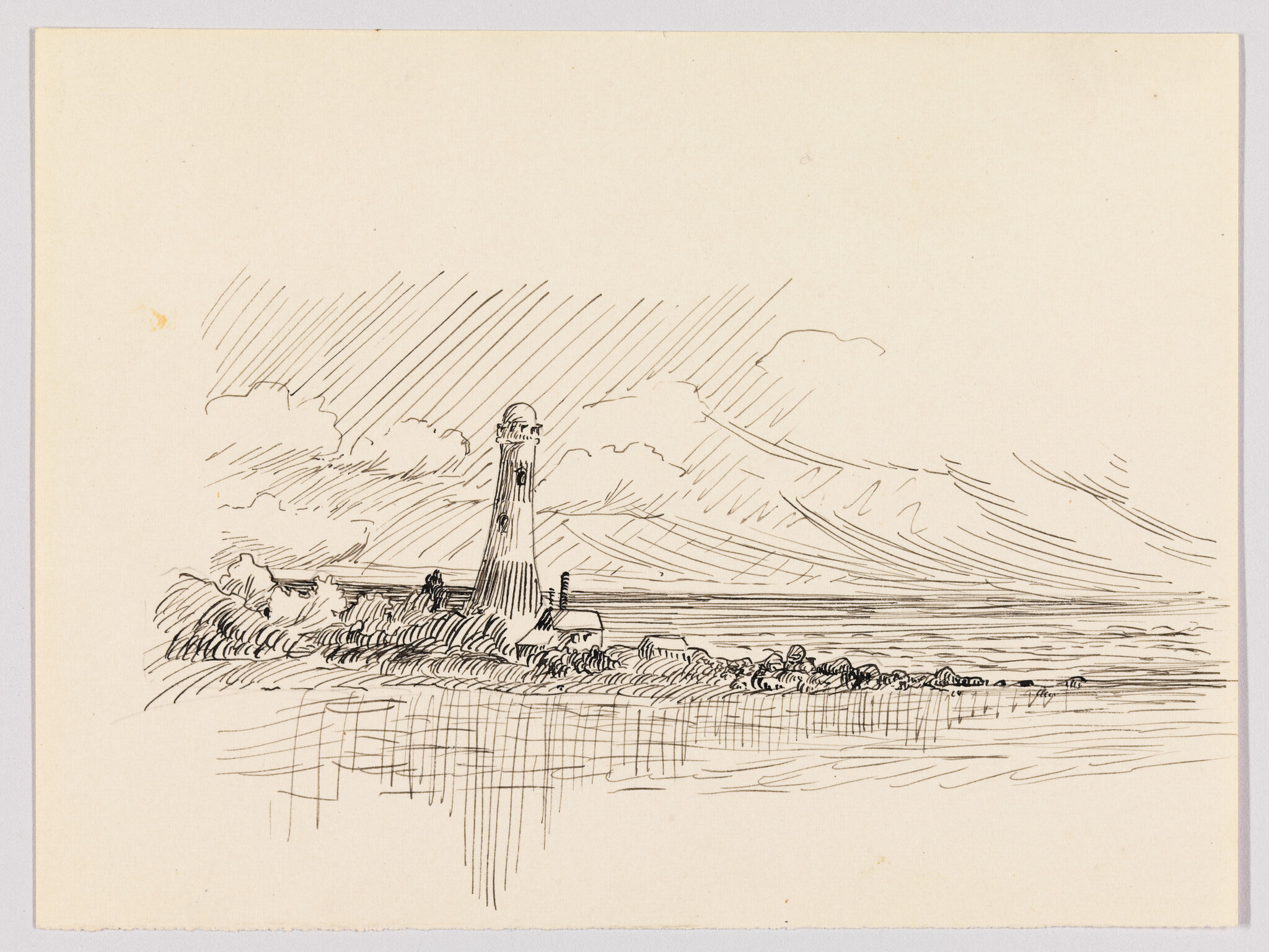 A tall lighthouse stands on a rocky shore with small buildings and calm sea.
