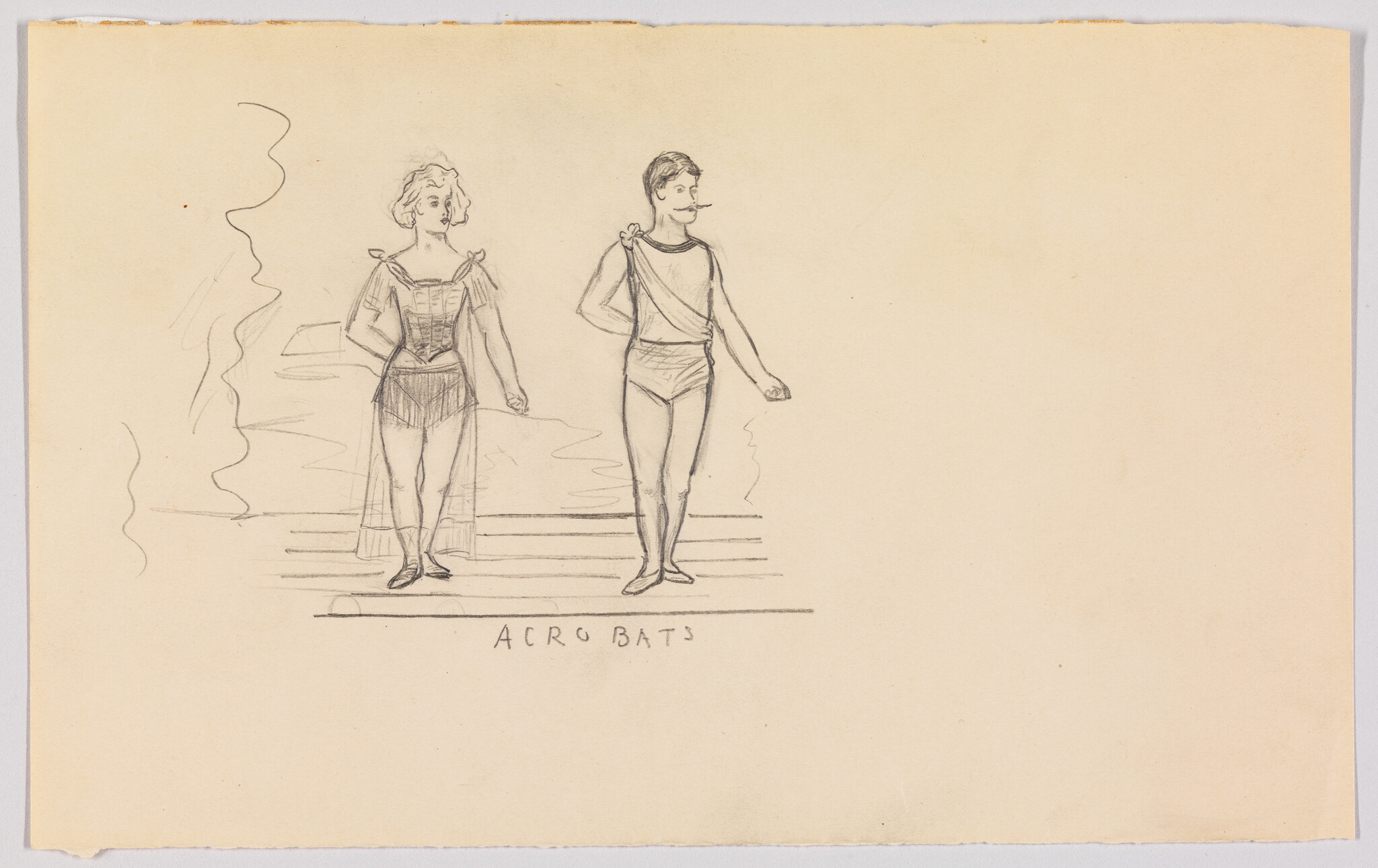 A man and woman acrobats standing side by side on a stage.