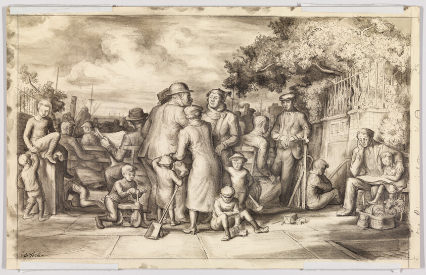 A crowded sidewalk where adults talk and children play while others rest or read a paper.