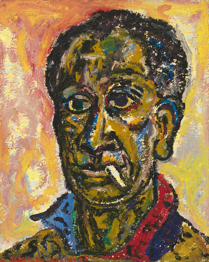 Expressionist-style painting of a man's portrait with thick, vibrant brushstrokes in a variety of colors, predominantly yellows, greens, and reds, against a warm-toned abstract background.