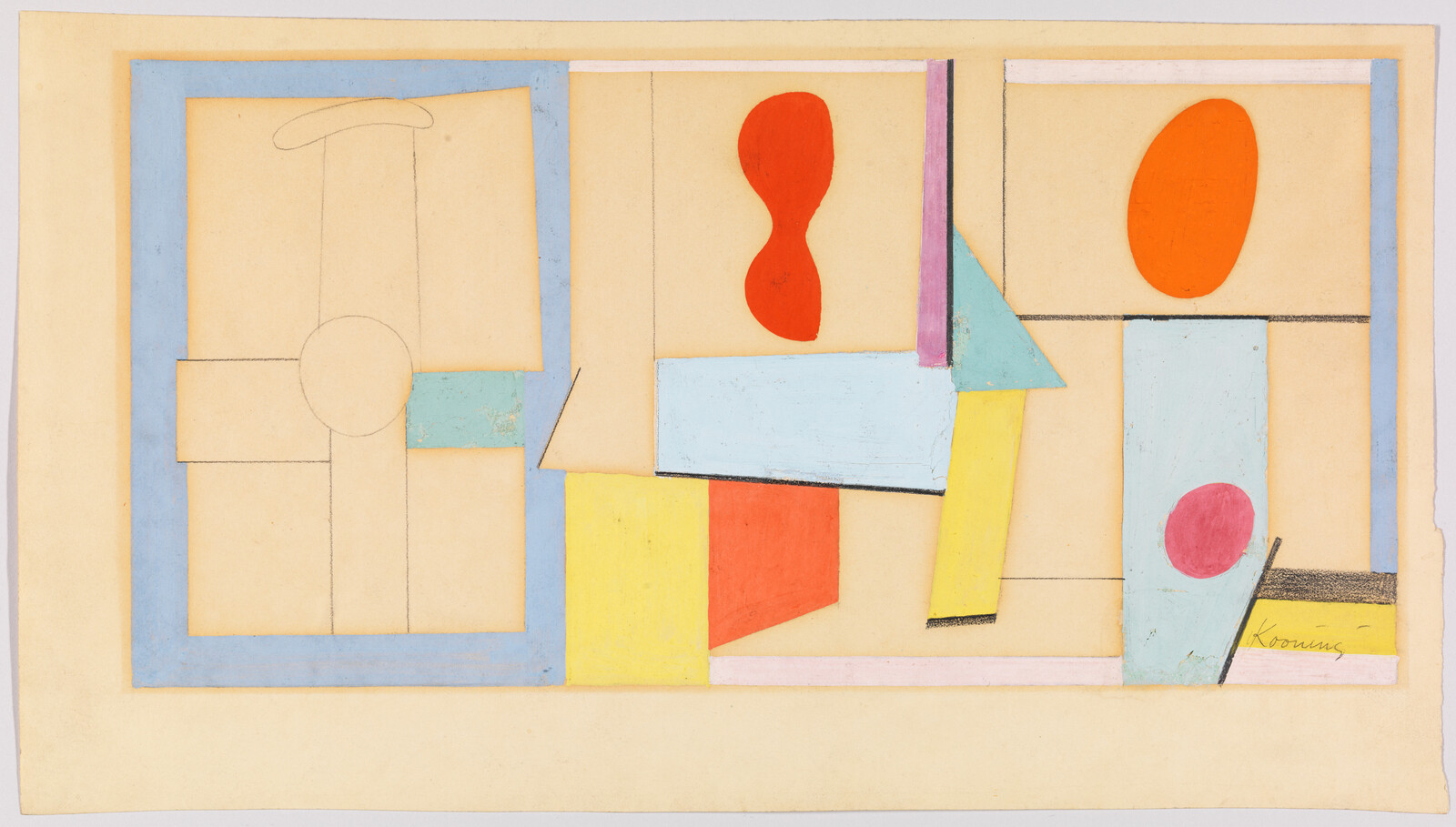 Abstract composition of pastel rectangles and bright orange and red ovals arranged across a beige background.