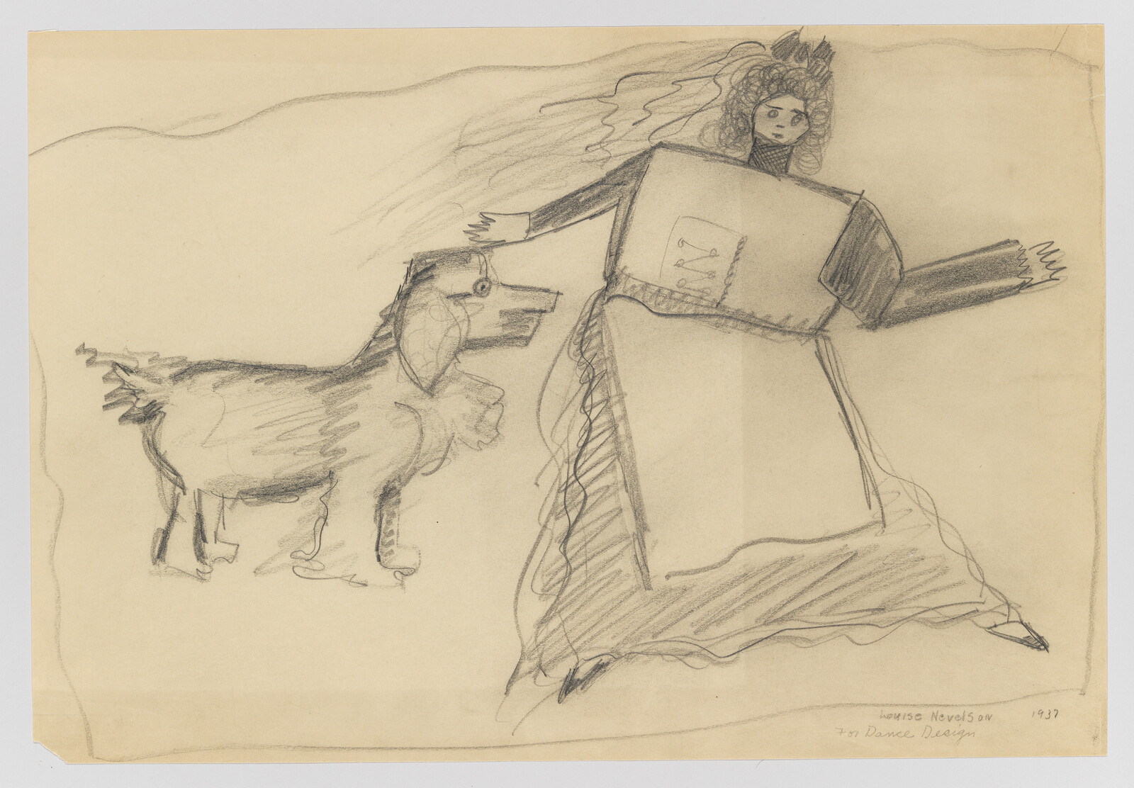 A person with a box-shaped body and a long skirt stands next to a dog, both drawn in pencil.