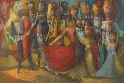 A group of masked and formally dressed figures gather around a dancing woman holding a red skirt.
