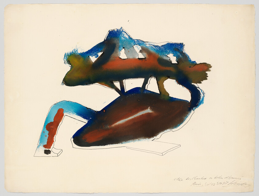Abstract watercolor shapes in blue, brown, and green suggesting a reclining form on paper.