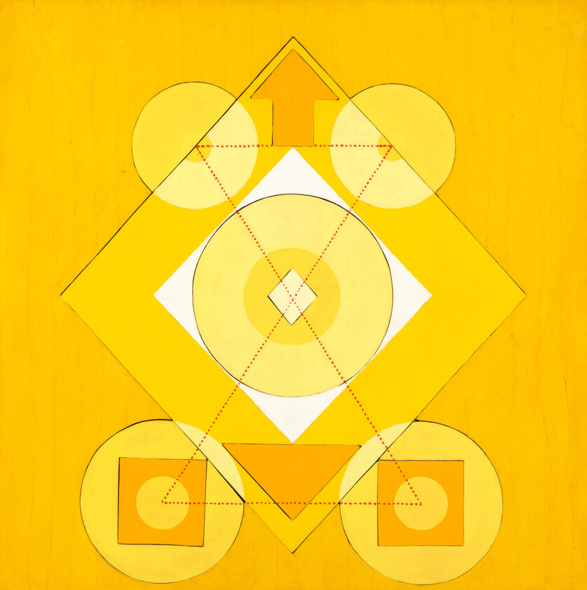 Abstract yellow geometric composition with central diamond and circles connected by dotted triangular lines.