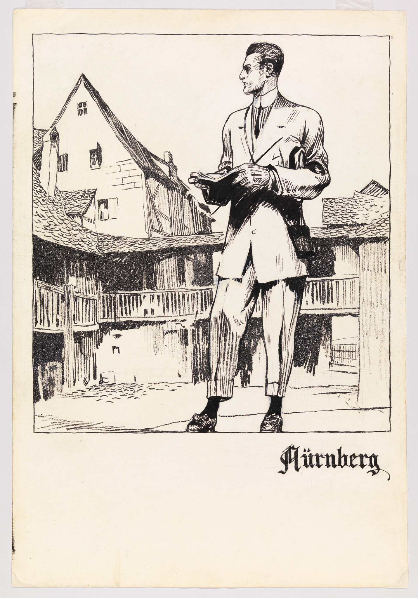A well-dressed man stands in a timbered courtyard holding a book, with "Nürnberg" written below.