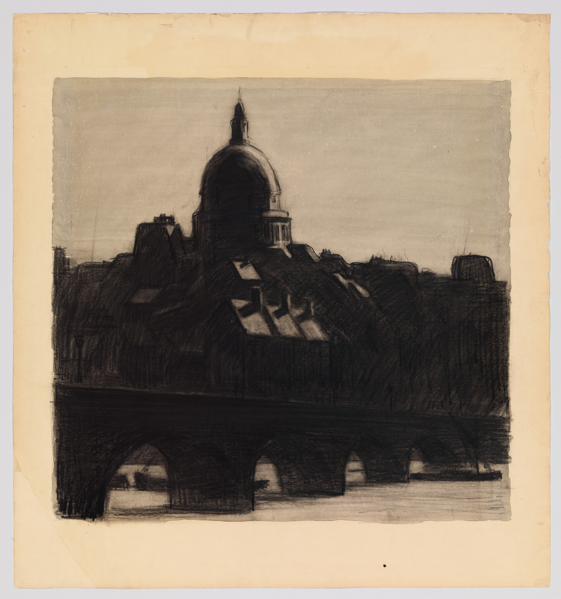 A dark charcoal drawing of a domed cathedral silhouette above roofs and an arched bridge.