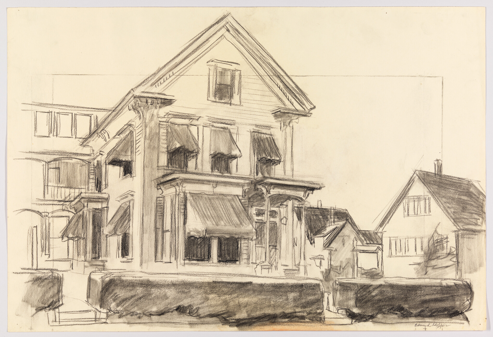 Two-story house with window awnings and trimmed hedges sketched in charcoal.