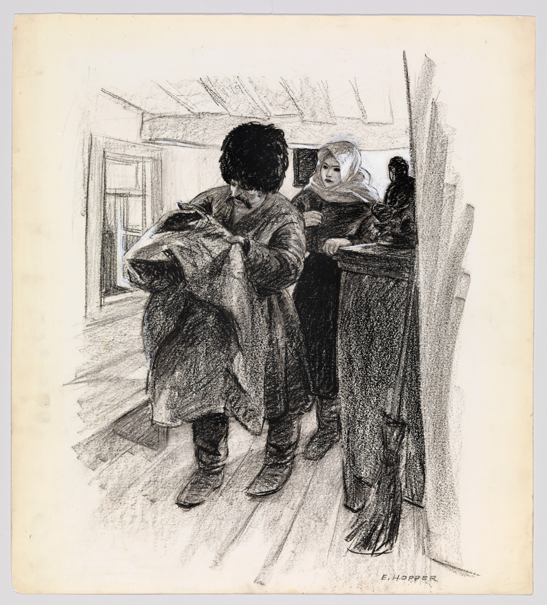 A black and white sketch depicts three individuals in a room with a window. The central figure, facing away from the viewer, is holding a large, bulky item. To the right, a person with a headscarf is looking on, partially obscured by a vertical element, possibly a door frame. The setting suggests an intimate, indoor scene, possibly from an earlier time period, given the style of clothing and simplicity of the room. The artist's signature, "E. Hopper," is visible in the lower right corner.